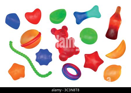 Jelly candy. 3d gummy sweets, cola or fruit bear, worm sugar animal. Soft lollipop gum, cute kid yummy flavor food. Gelatin chewing dessert, marmalade product assortment, vector isolated snack set Stock Vector
