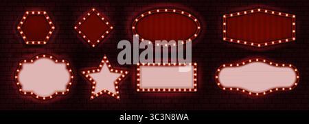 Circus sign. Light Broadway signboard at brick wall. Carnival marquee blank billboards. Red casino stage or cinema neon bulb. Theater signage boards. Night club glow. Vector illuminated borders set Stock Vector
