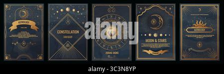 Moon frame. Magic horoscope. Astrology stars constellation and Sun celestial border. Future prediction brochure design template. Esoteric planets wheel. Gold antique zodiac cards set. Vector line art Stock Vector