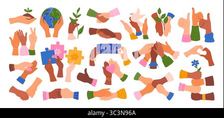 Hands gestures. Friends handshake. Fingers hold Earth planet or puzzles. Community support and care. Team raise fists together. Help and hope cooperation for peace. Ecology save. Vector human arms set Stock Vector
