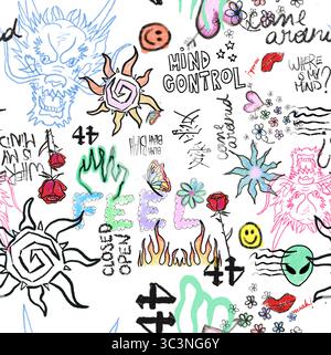 A colorful and abstract pattern with handdrawn doodles creates a modern and artistic design Stock Photo