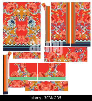 Seamless floral pattern features vintage flowers and leaves on a red background Stock Photo