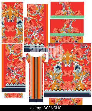 Seamless floral pattern features vintage flowers and leaves on a red background Stock Photo