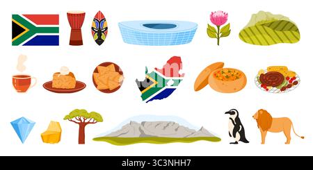 Travel to South Africa set with culture elements, mountain landscape and vineyards, rooibos tea and food. BBQ sausages and baobab, stew and samosa, flag and map of RSA cartoon vector illustration Stock Vector