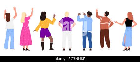 A lineup of diverse individuals from the back, engaging in various actions such as pointing, waving, and taking photos. Highlights diversity and modern casual fashion, vector illustration. Stock Vector
