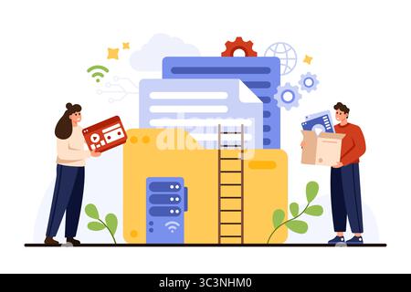 In a vibrant workspace, two individuals collaborate to organize files and data, highlighting teamwork and efficiency. This vector illustration captures the spirit of cooperation in a modern office Stock Vector