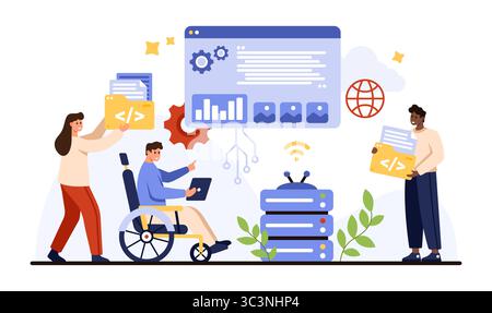 Remote data storage and management, data center, SaaS cloud platform. Tiny people work with digital files and program, cloud computing service, technicians in datacenter cartoon vector illustration Stock Vector