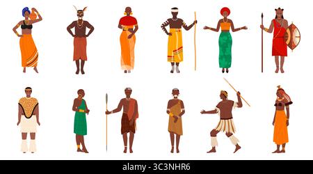 African indigenous people with traditional native clothes and weapon set. Adult male and female characters of tribe in ethnic clothing, spear and shield, ritual decorations cartoon vector illustration Stock Vector