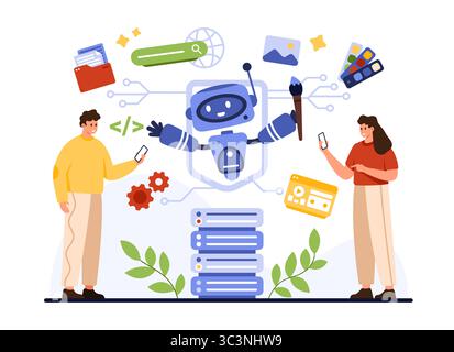 Two people engage with a robot and digital icons, showcasing the dynamic interaction between humans and technology, highlighting human creativity and innovation Stock Vector