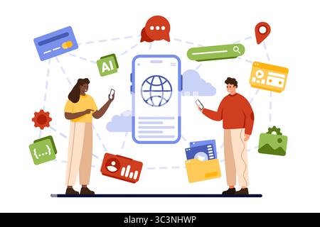 Decentralized mobile application, DApp, peer to peer, computing, blockchain network service. Tiny people use app on big phone with multiple connections to data sources cartoon vector illustration Stock Vector