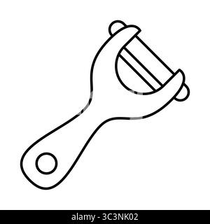 Vegetable Peeler Outline Illustration. The peeler has a curved ergonomic handle and a Y-shaped structure holding a horizontal blade. Stock Vector