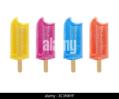 BITED FRUIT POPSICLE WITH COLD TEXTURE ON ISOLATED WHITE BACKGROUND Stock Photo