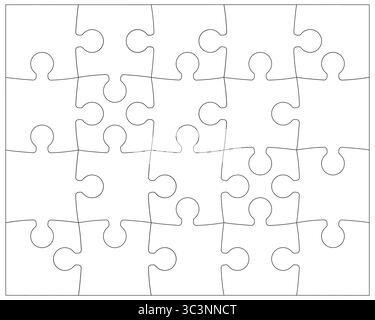 Puzzle pieces rectangle contour isolated on white background. Jigsaw puzzle game template with angles. Outlines puzzle pieces, adjustable and editable Stock Vector