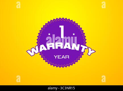 Warranty tag label stamp, purple violet one year patch on bright yellow background. Guaranteed badge with banner in flat design seal or label vector Stock Vector