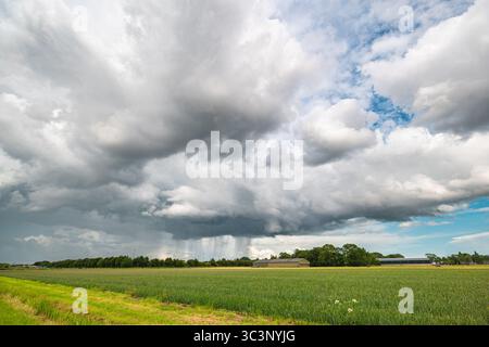 Thundery shower and rainstreaks over lush green field and agricultural buildings Stock Photo