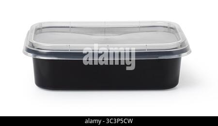 Closed black plastic food container with transparent lid, isolated on white background Stock Photo