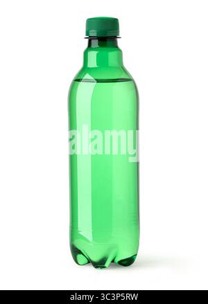 Studio shot of green plastic bottle containing refreshing soft drink on white background Stock Photo