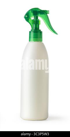 Studio shot of a blank white plastic spray bottle with a green trigger sprayer Stock Photo