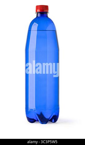 Studio shot of a blue plastic water bottle with red cap, isolated on white background Stock Photo