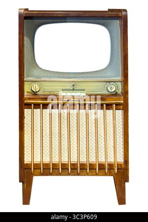 Old wooden television set isolated on transparent background, showcasing the classic design and nostalgic charm of vintage technology Stock Photo