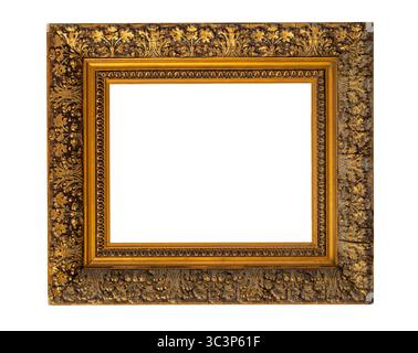 Ornate gold picture frame with intricate floral design isolated on a white background, providing copy space for artwork or design Stock Photo