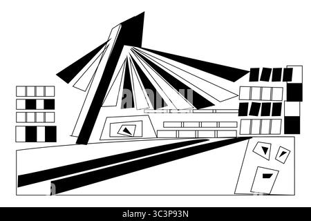 High-contrast abstract vector in black and white featuring angular geometric shapes, a central bird-like figure, and a fragmented cubist face. This mo Stock Vector