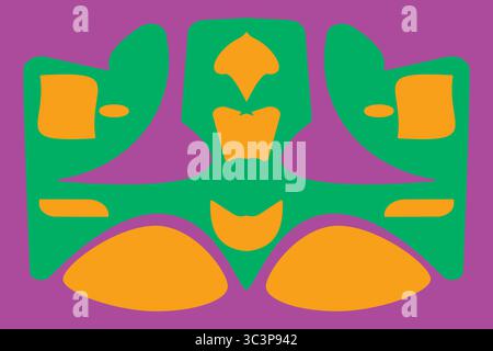 Bold and graphic abstract vector featuring a central green emblem-like figure with mirrored orange geometric shapes on a rich purple background. Balan Stock Vector
