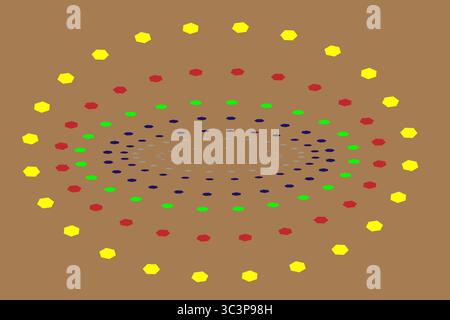 Abstract geometric vector featuring elliptical rings of colored dots on a brown background. The dot sizes decrease inward, creating a 3D illusion and Stock Vector