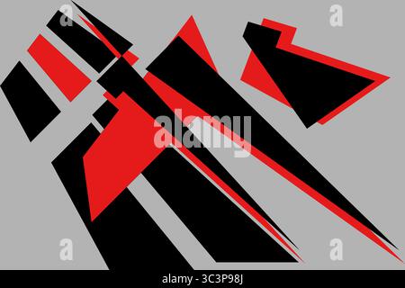 High-energy abstract composition featuring sharp angular shapes in red and black layered on a neutral grey background. The design flows diagonally, ev Stock Vector