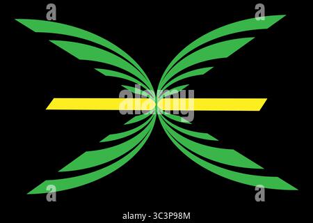 Bold and modern abstract design featuring a symmetrical green and yellow emblem against a solid black background. The stylized form suggests butterfly Stock Vector