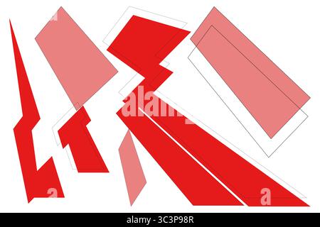Dynamic abstract vector featuring overlapping fragmented polygons in bright red and soft pink against a stark white background. The sharp-edged shapes Stock Vector
