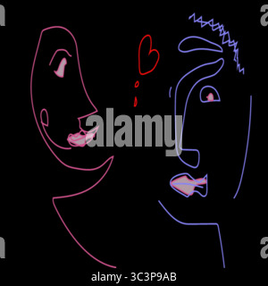 Abstract minimalist line art of two stylized neon faces on a black background, one pink and one blue, with a red heart between them. The expressive, m Stock Vector