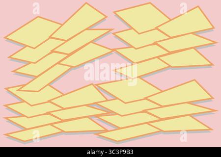 Clean, minimalist vector featuring overlapping soft yellow rectangles and trapezoids with subtle drop shadows on a pale pink background. Includes a ma Stock Vector