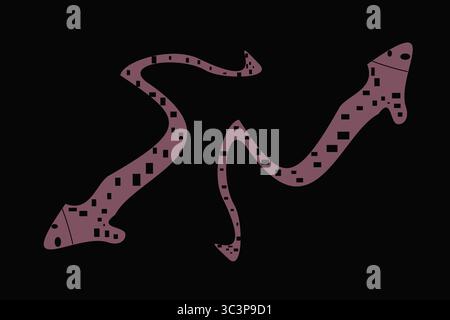 Abstract minimalist illustration featuring two maroon serpentine shapes on a black background, adorned with small black square textures. Dynamic and d Stock Vector