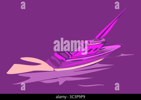 A stylized vector illustration of a modern yacht in motion, featuring bold pink and magenta hues against a deep purple sea. The minimalist composition Stock Vector