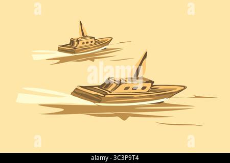 Stylized maritime vector art featuring a large weathered boat and distant tugboat, illustrated in warm browns and sepia tones. The rustic, aged aesthe Stock Vector