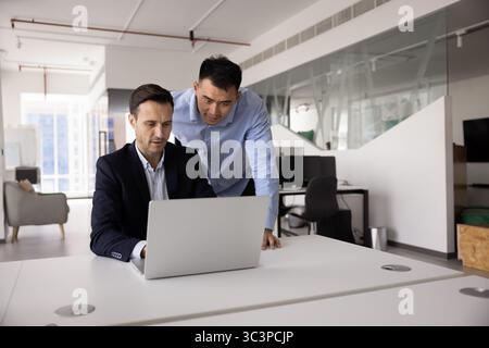 Two workmates working on joint online project using laptop Stock Photo
