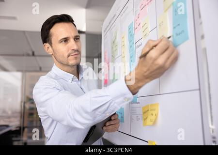 Serious professional man holding pen, taking notes on sticky notes Stock Photo