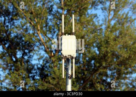 A small, box-like wireless access point with four short antennas is installed atop a metal pole, providing Wi-Fi or cellular signal distribution Stock Photo