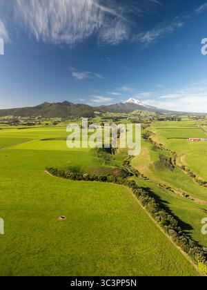 Aerial view of lush green fields, hedgerows, and a winding road cutting ...