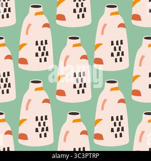 Vector seamless pattern of ceramic vase with abstract design. Cartoon illustration isolated on a blue background. Stock Vector