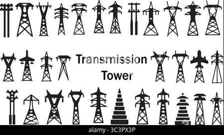 Collection of diverse transmission towers for energy infrastructure and power grid concepts Stock Vector