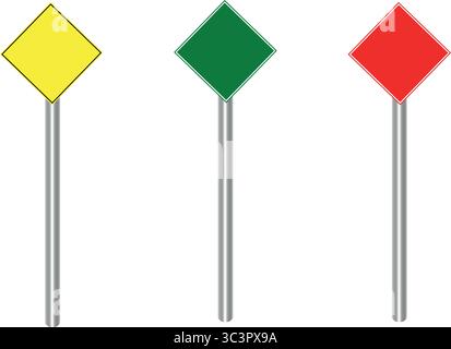Three colorful diamond-shaped signs with poles, yellow, green, and red, for traffic and safety. Stock Vector