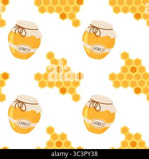 Pattern featuring honey jars and honeycomb shapes on a white background Stock Vector