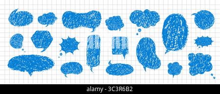 Crayon speech bubbles with grunge texture. Isolated cartoon frames for comics or handwritten dialogues. Childish Vector illustration on white Stock Vector
