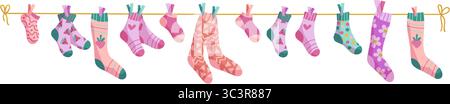 Clothesline socks. Socks on a rope, Baby socks with patterns vector cartoon Stock Vector