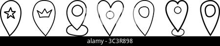 Different simple location markers are displayed in various shapes including stars, crowns, and hearts. The design features a minimalistic style with a Stock Vector