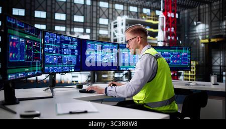 Industrial Engineer Operates SCADA System In High-Tech Factory Control Center Stock Photo