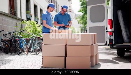 Efficient Mover Delivers And Unloads Boxes With Professional Service Stock Photo