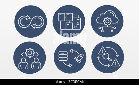 Set of icon process automation. Workflow optimization and system administration concepts. Software development cloud computing DevOps. Minimalist line Stock Vector